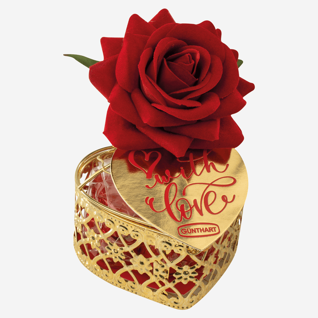 Praliny Zamknięte w Metalowym Sercu z Aksamitną Różą