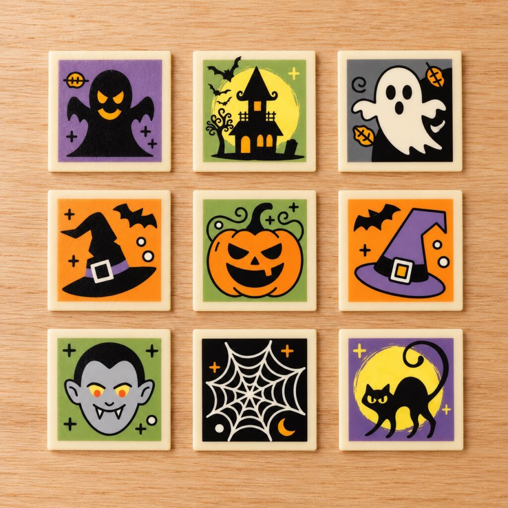 Dekoracje cukiernicze Halloween kwadraty 60 szt. – ozdobne tabliczki na torty, ciasta i desery